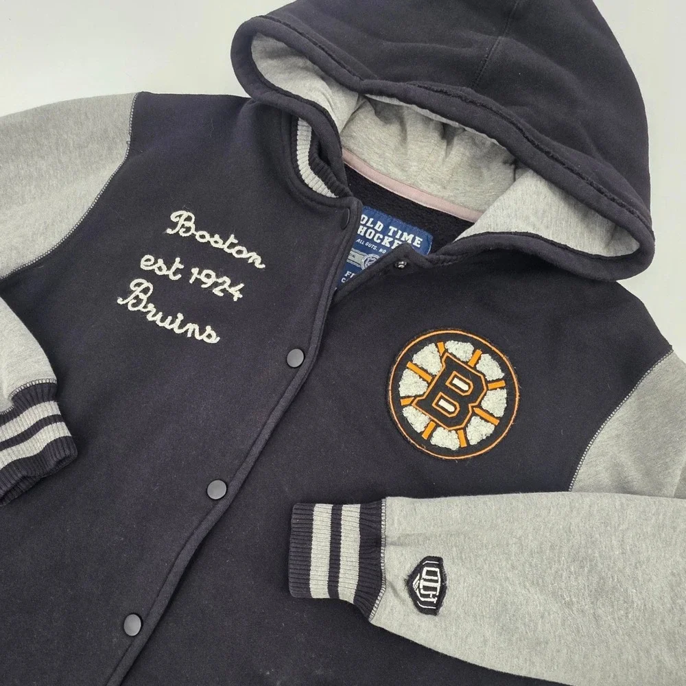 OLD TIME HOCKEY BOSTON BRUINS VARSITY JACKET YOUTH KIDS XL BLACK SNAP BUTTON NHL